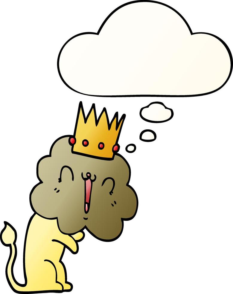 cartoon lion with crown and thought bubble in smooth gradient style vector