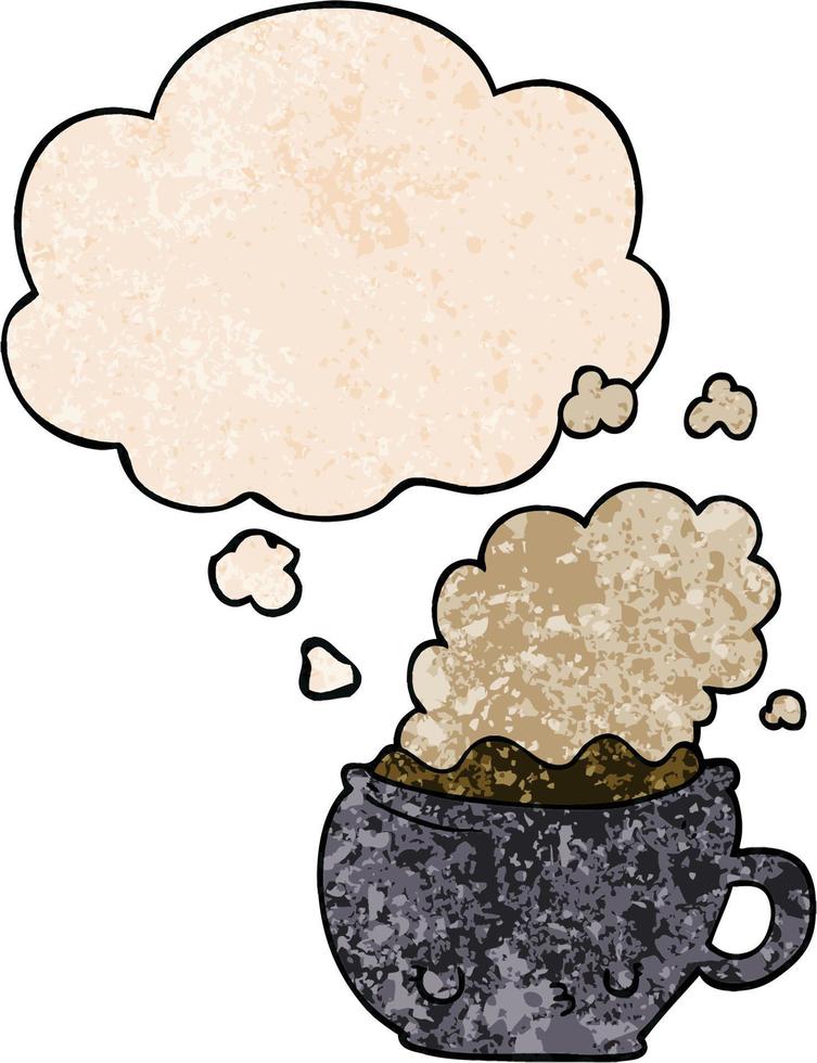 cute cartoon coffee cup and thought bubble in grunge texture pattern style vector