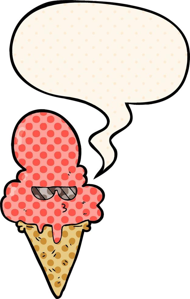 cartoon cool ice cream and speech bubble in comic book style vector