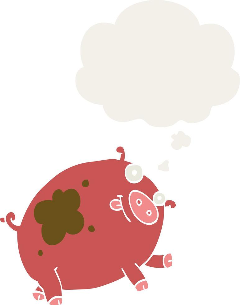 cartoon pig and thought bubble in retro style vector