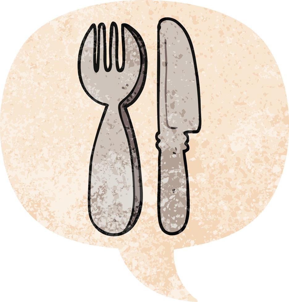cuchillo y tenedor de dibujos animados y burbuja de habla en estilo retro texturizado vector