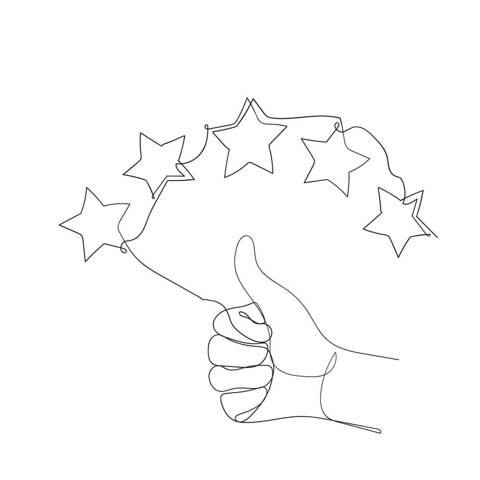 dibujo de línea continua pulgar hacia arriba y símbolo de estrella para el icono de revisión del cliente relacionado vector