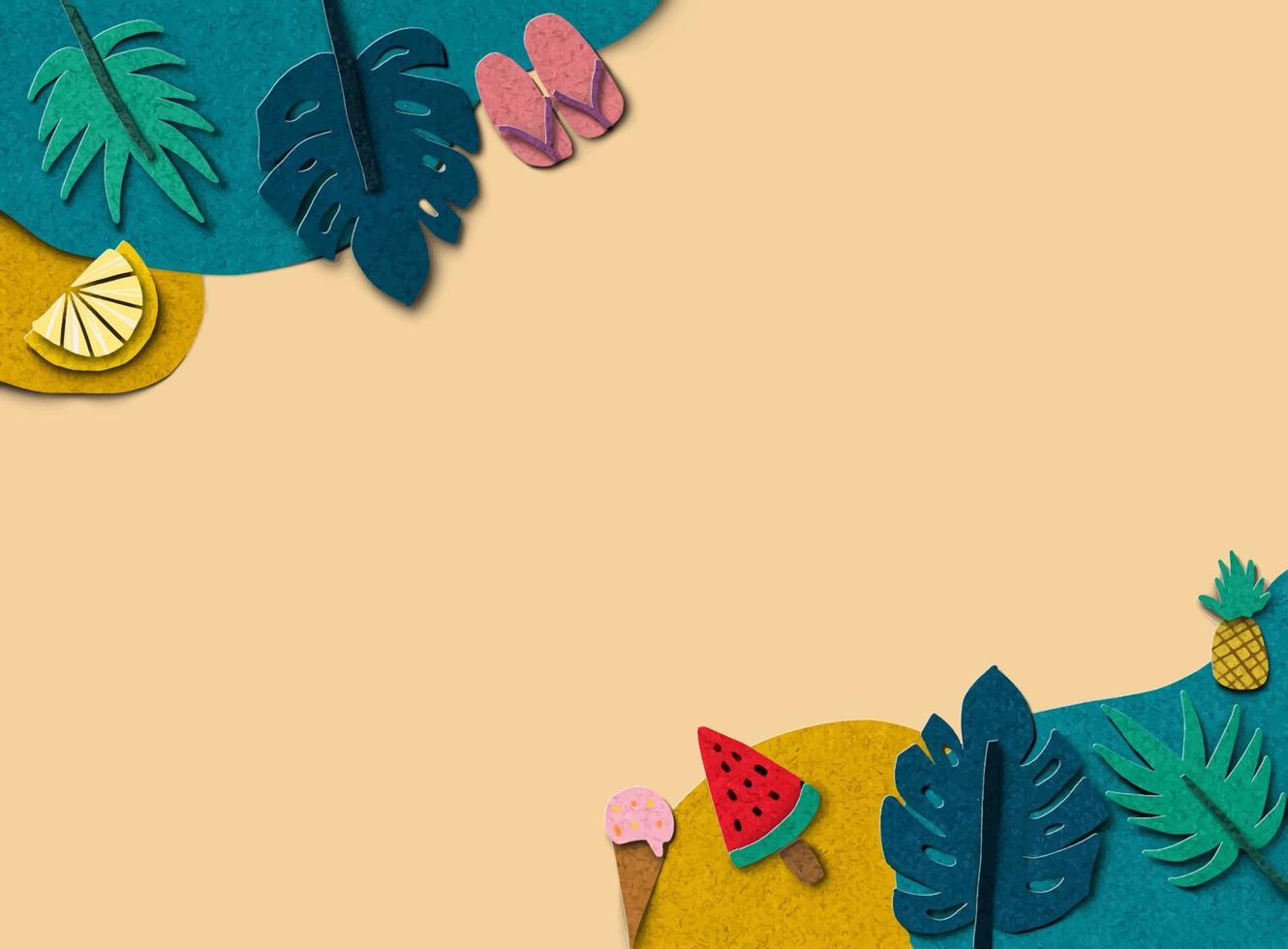 A paper cut style top view summer concept theme background with tropical plants and decor as a frame. vector