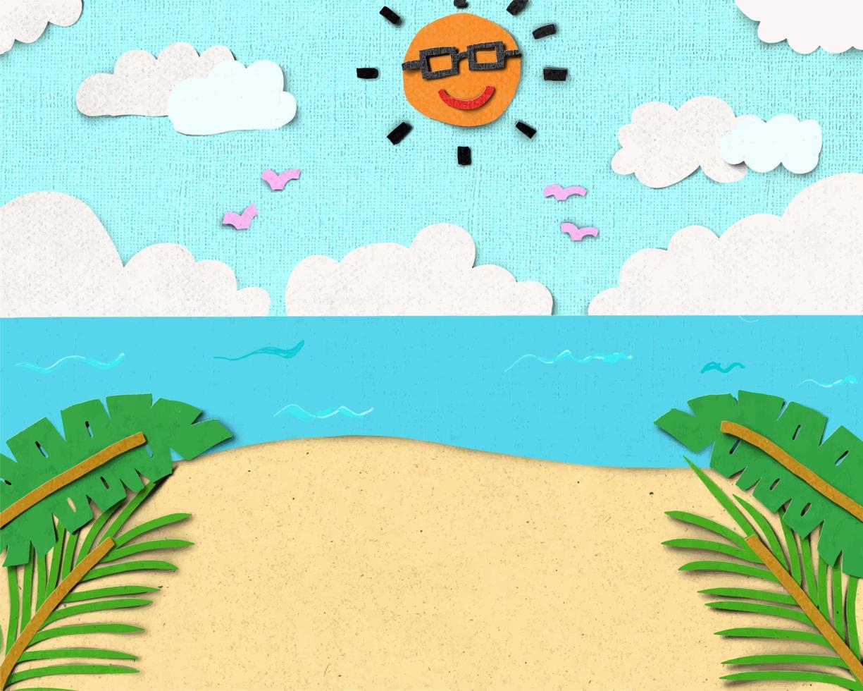 escena de playa con sol, nubes y fondo de estilo de corte de papel de hoja tropical. vector