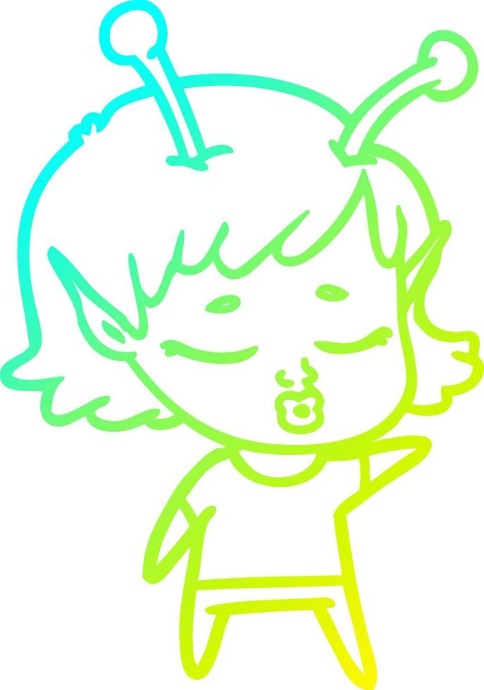cold gradient line drawing cute alien girl cartoon vector
