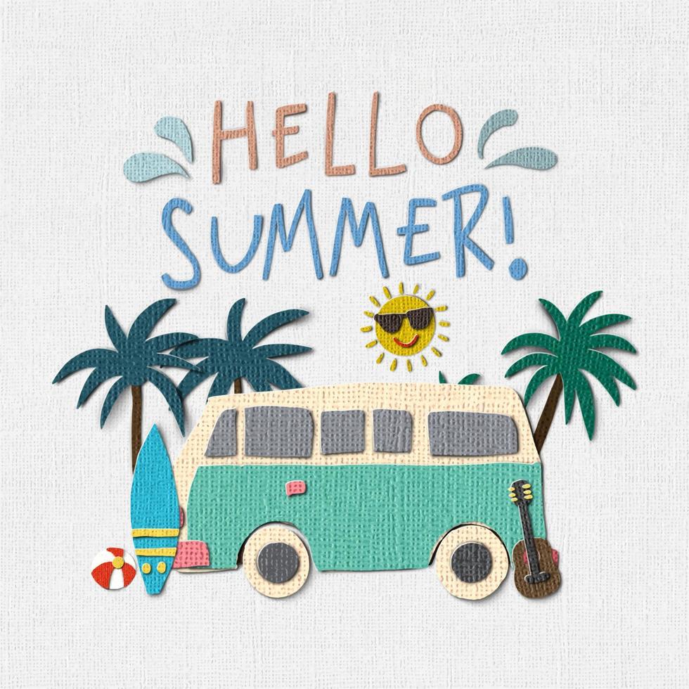 Hello Summer vacation time theme background. Paper cut texture style Vector EPS10.