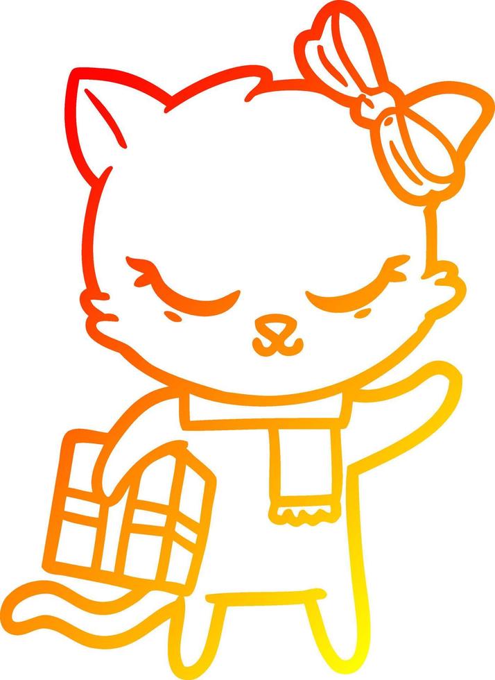 warm gradient line drawing cute cartoon cat with present vector
