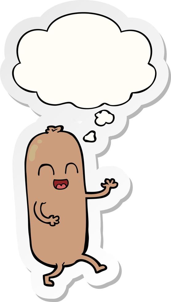 cartoon dancing sausage and thought bubble as a printed sticker vector
