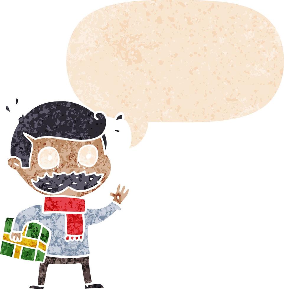 hombre de dibujos animados con bigote y regalo de Navidad y burbuja de habla en estilo retro texturizado vector