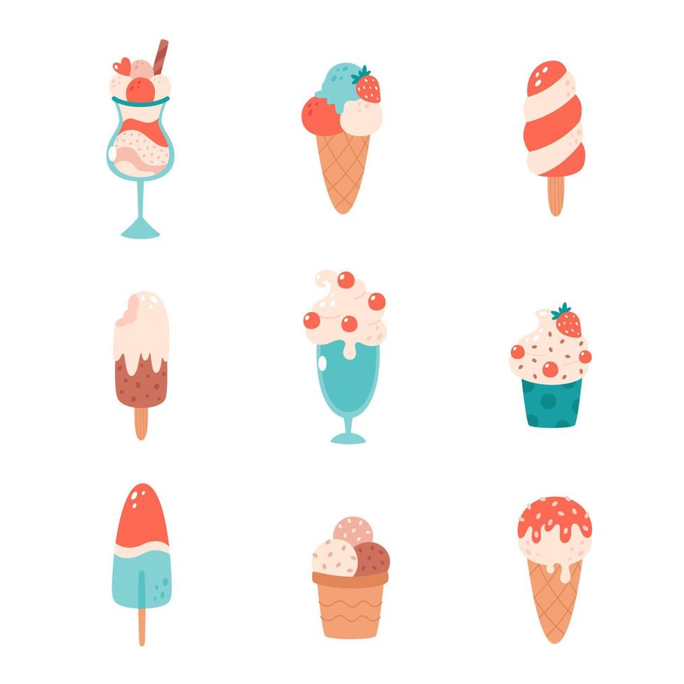 Ice cream collection. Ice cream cone with different flavors, ice lolly, ice cream in glass. Summertime, hello summer vector