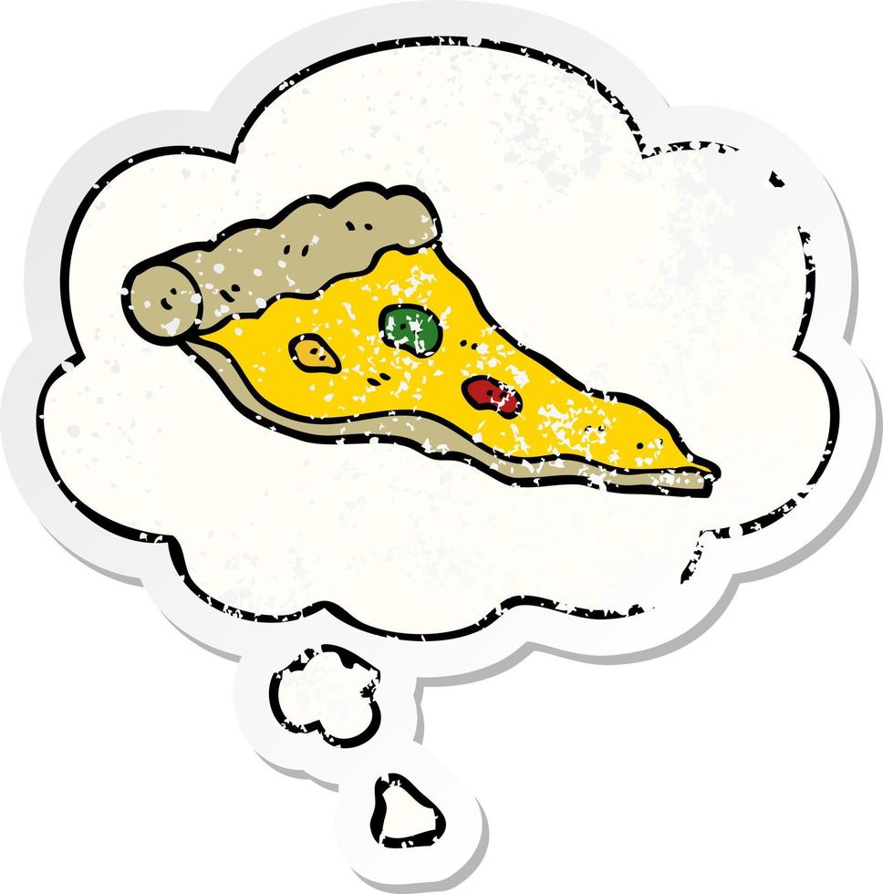 cartoon pizza and thought bubble as a distressed worn sticker vector