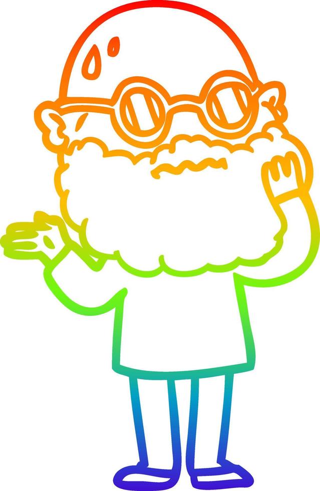 rainbow gradient line drawing cartoon worried man with beard and sunglasses vector