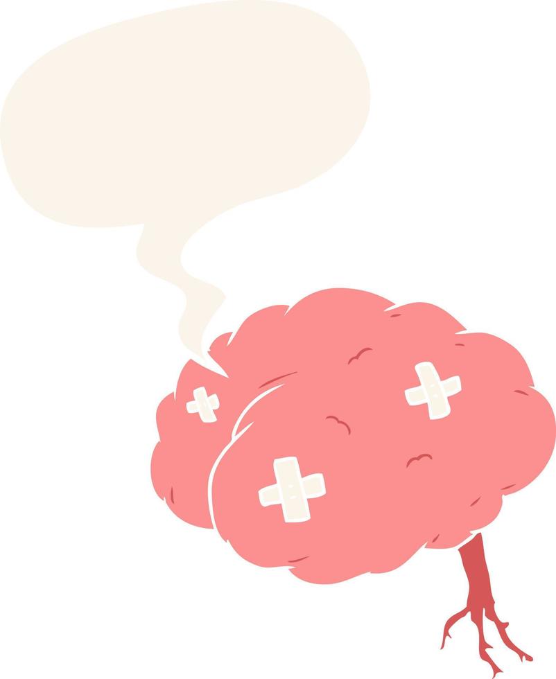 cartoon injured brain and speech bubble in retro style vector