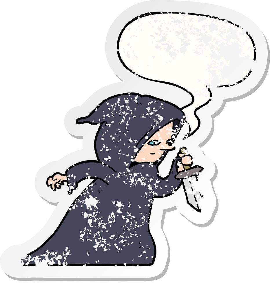 cartoon assassin in dark robe and speech bubble distressed sticker vector