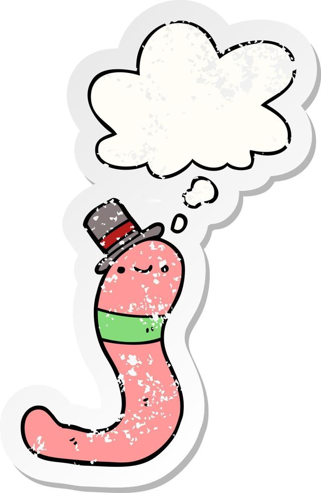 cute cartoon worm and thought bubble as a distressed worn sticker vector