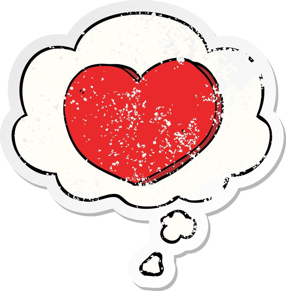 cartoon love heart and thought bubble as a distressed worn sticker vector