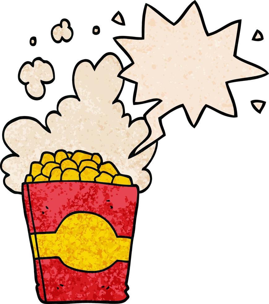 cartoon popcorn and speech bubble in retro texture style vector