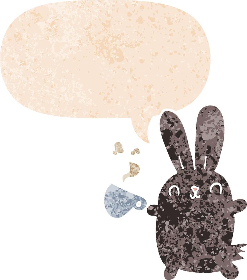 cute cartoon rabbit with coffee cup and speech bubble in retro textured style vector