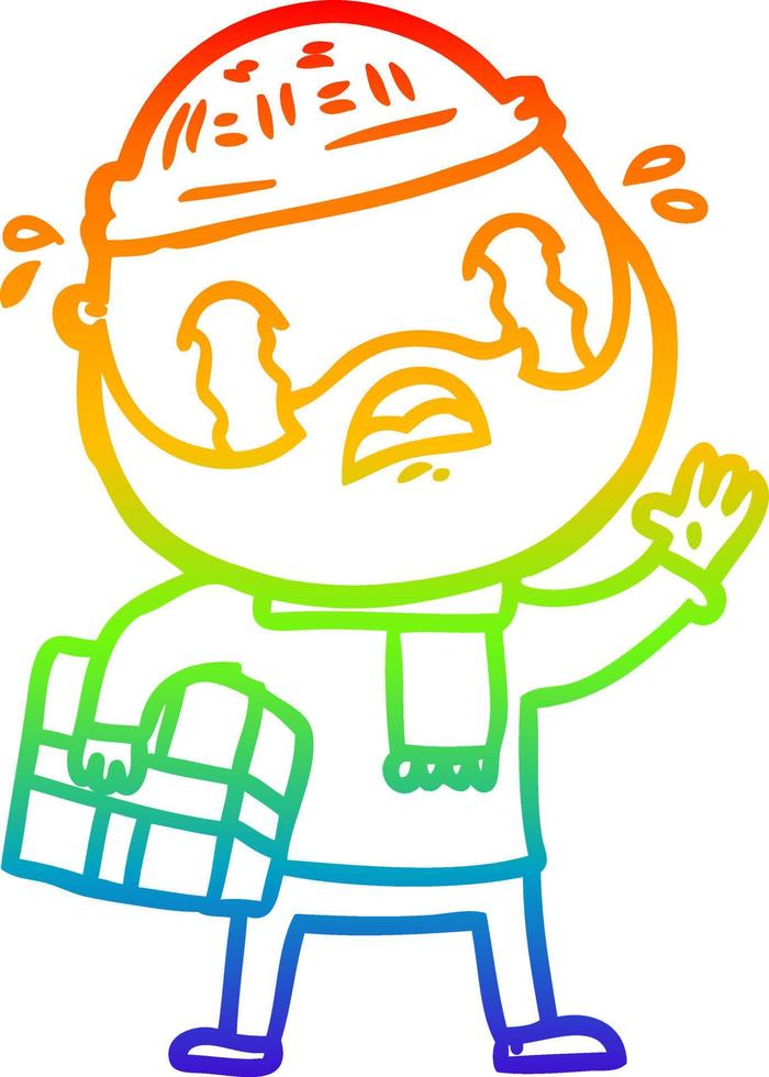 rainbow gradient line drawing cartoon bearded man crying with christmas present vector