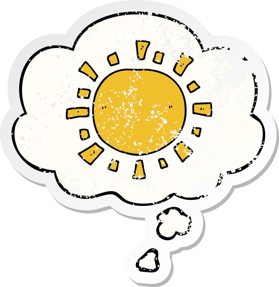 cartoon sun and thought bubble as a distressed worn sticker vector