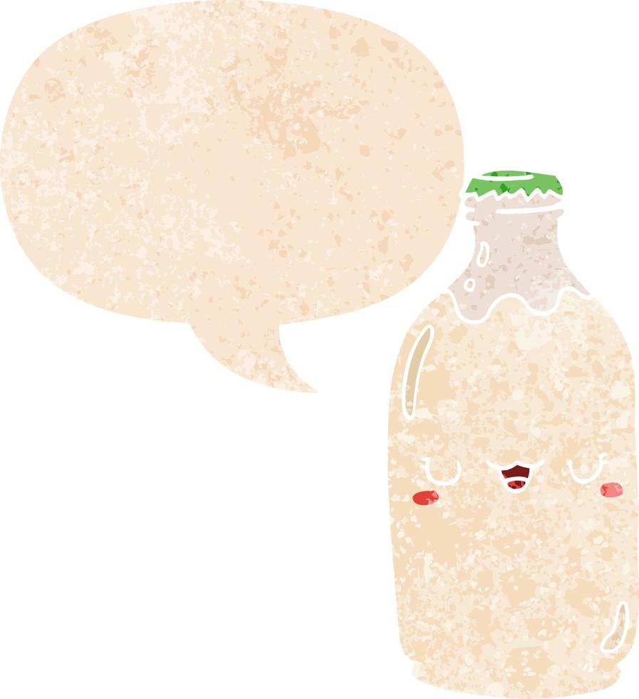 linda botella de leche de dibujos animados y burbuja de habla en estilo retro texturizado vector