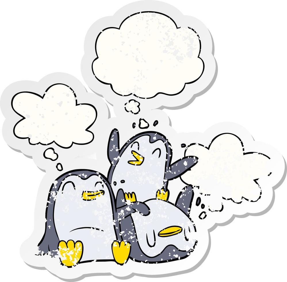 cartoon penguins and thought bubble as a distressed worn sticker vector