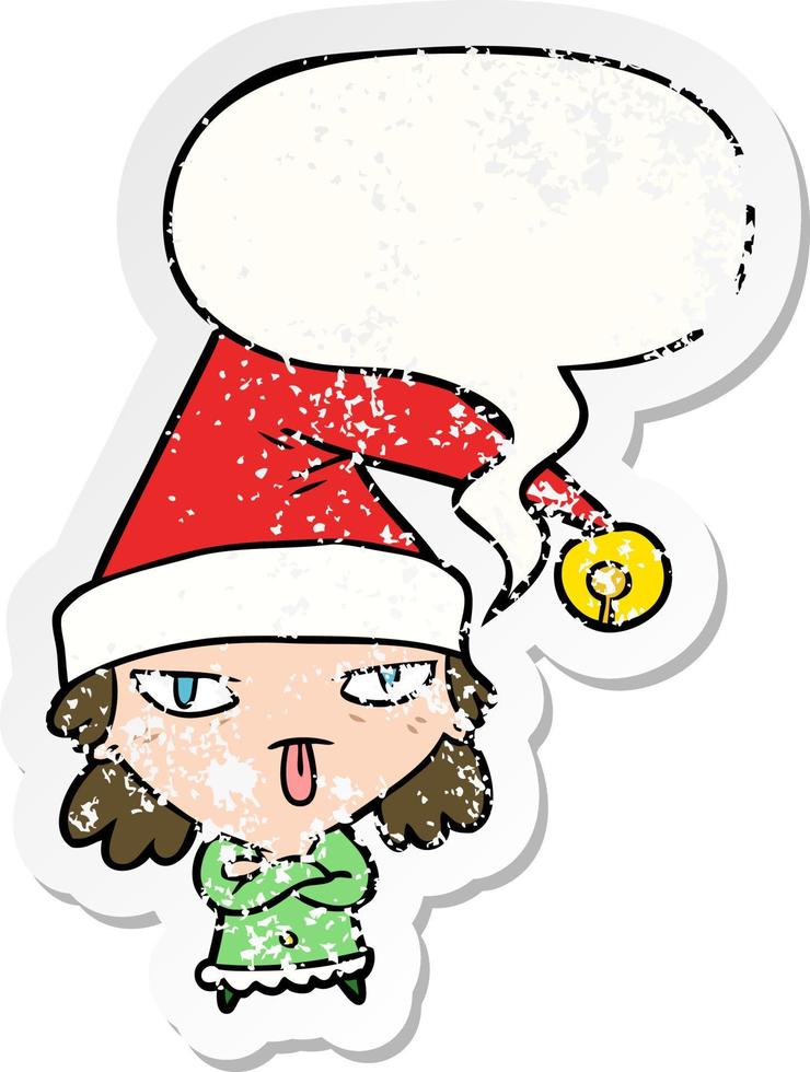 cartoon girl wearing christmas hat and speech bubble distressed sticker vector