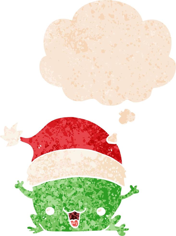cute cartoon christmas frog and thought bubble in retro textured style vector
