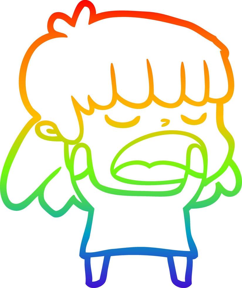 rainbow gradient line drawing cartoon woman talking loudly vector