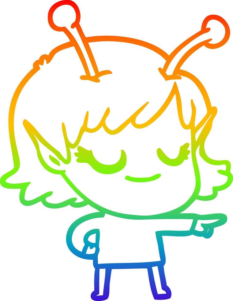 rainbow gradient line drawing smiling alien girl cartoon vector