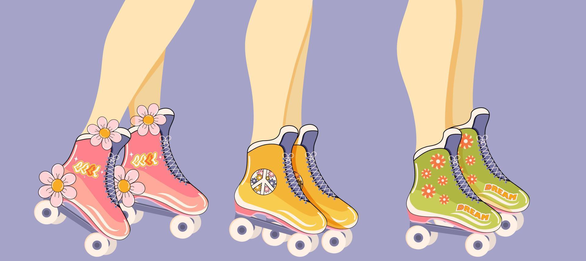 Set with roller skates in retro style. On a lilac background vector