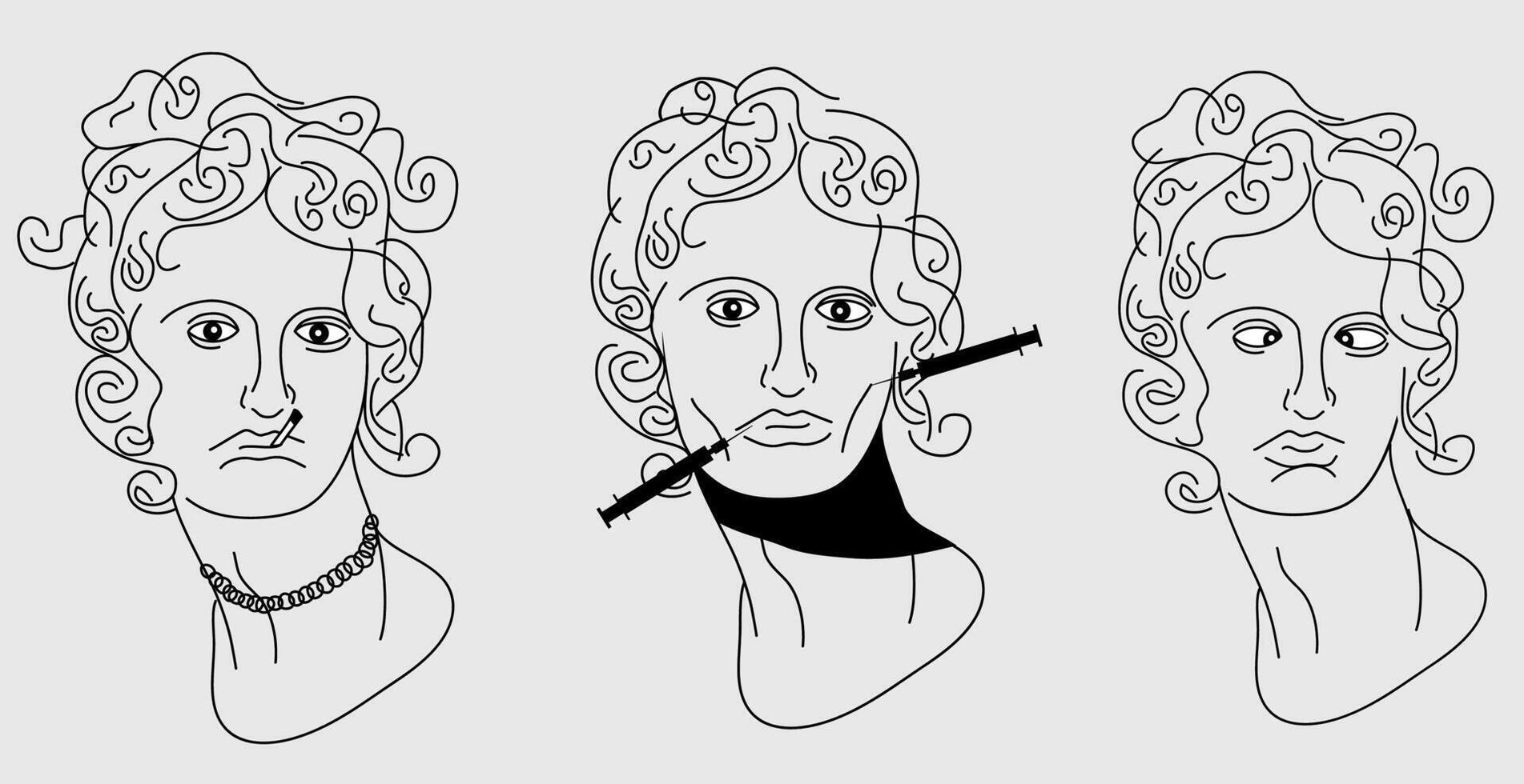 Set of Greek face faces in modern cricatura style. Psychedelic vector