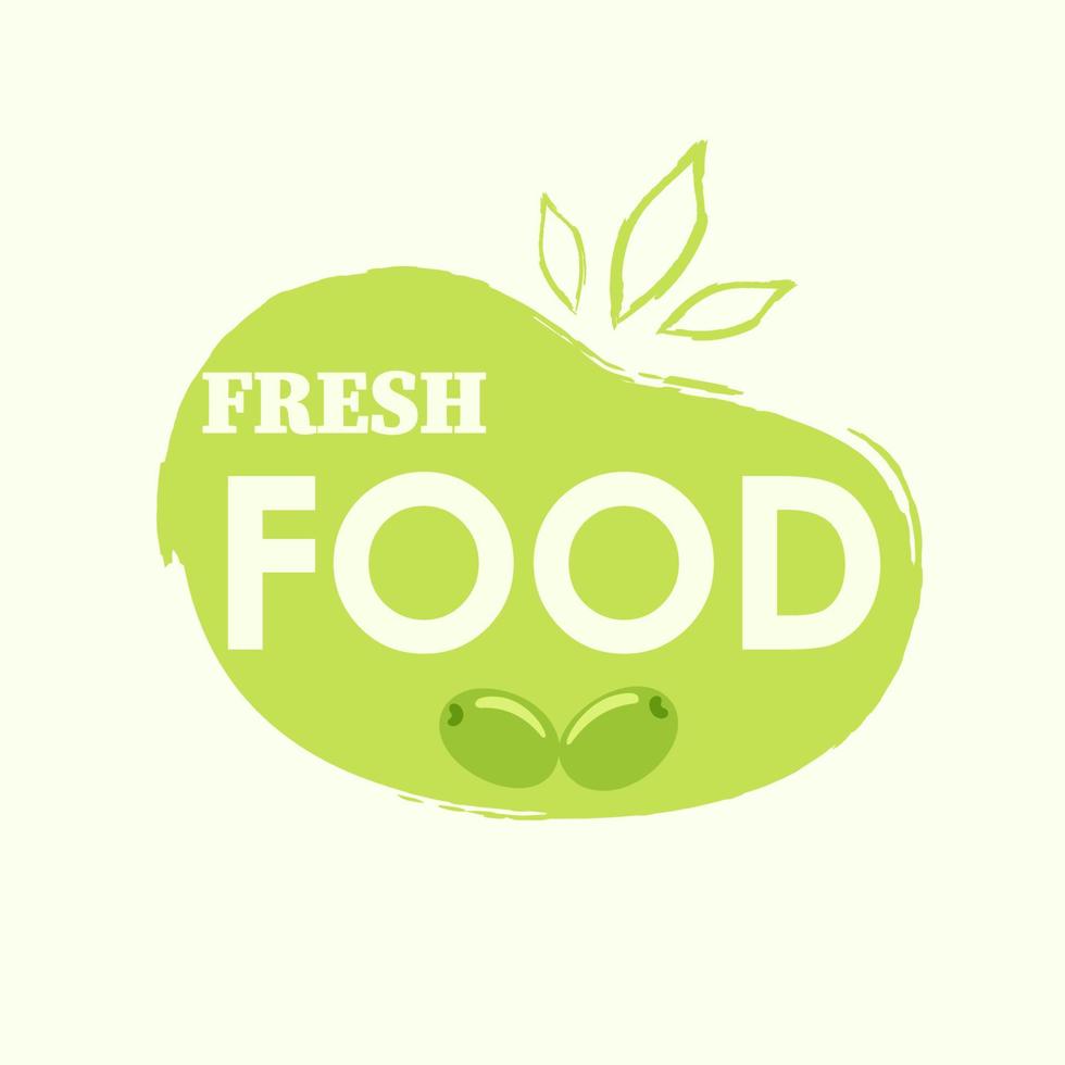 Fresh food logo on a green background with leaves in a casual style. Vector stock illustration.