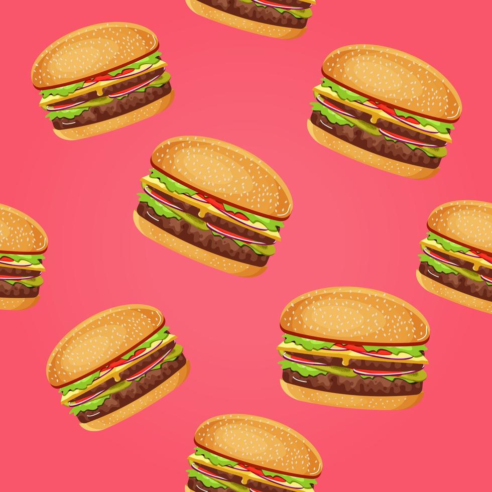 Seamless pattern with burgers on a pink background. Vector stock illustration. Cartoon. Fast food. Appetizing