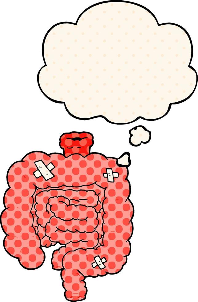 cartoon repaired intestines and thought bubble in comic book style vector