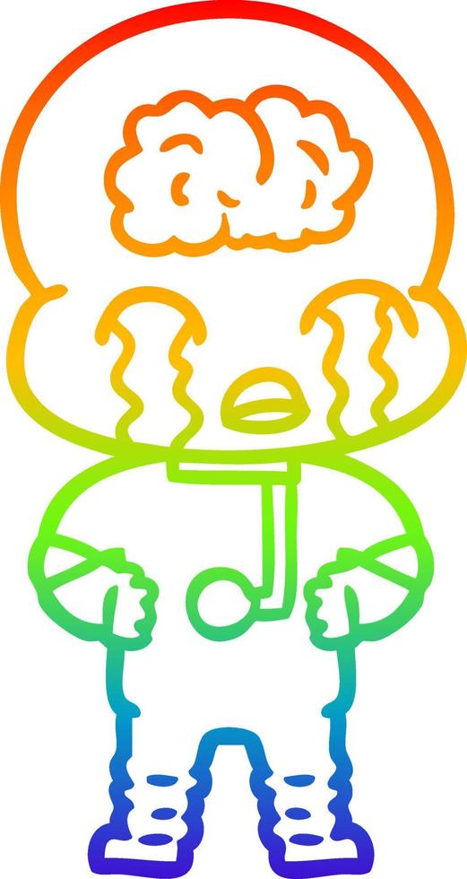 rainbow gradient line drawing cartoon big brain alien crying vector