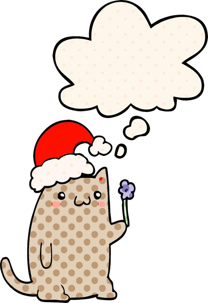 cute cartoon christmas cat and thought bubble in comic book style vector