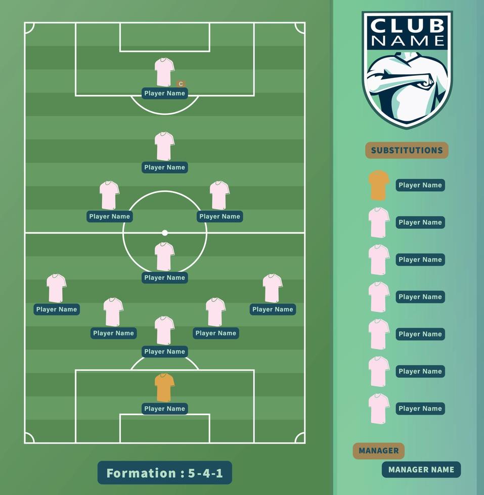 alineaciones de fútbol, jugadores de fútbol 5-4-1 esquema de formación en una ilustración de campo de fútbol. vector