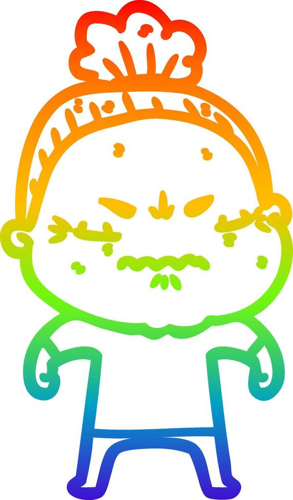 rainbow gradient line drawing cartoon annoyed old lady vector