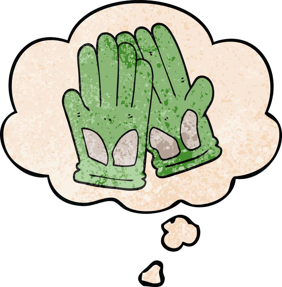cartoon garden work gloves and thought bubble in grunge texture pattern style vector
