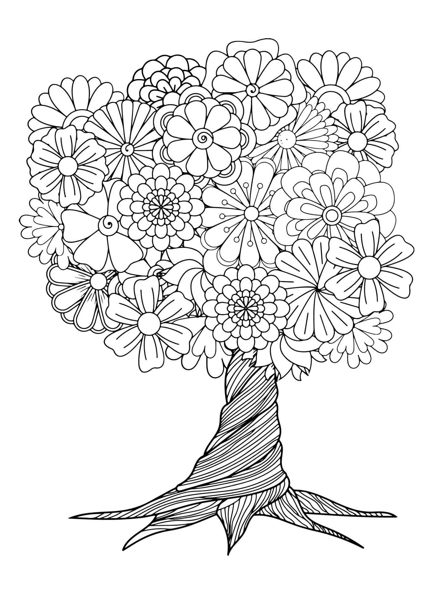 Tree Coloring Pages For Adults - Flowers Tree For Adult Coloring Pages Free Vector 