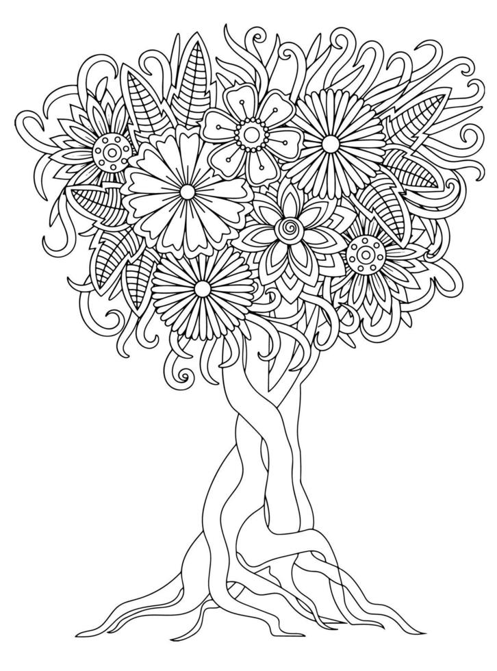 árbol de flores para colorear para adultos vector