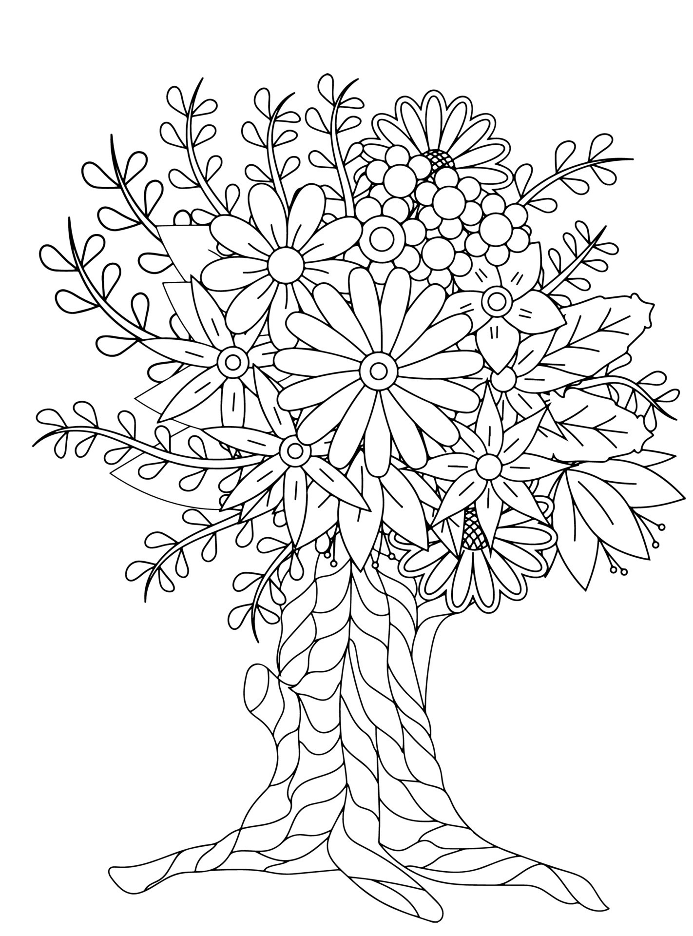 Flowers Tree for Adult Coloring - Flowers Tree For Adult Coloring Pages Free Vector 