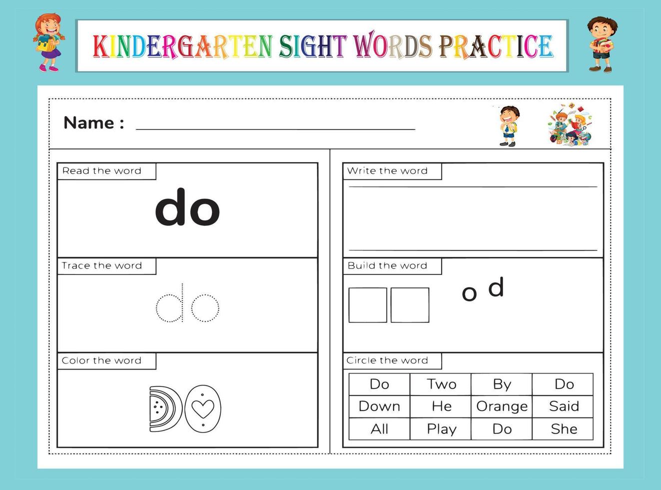 Kindergarten Sight Words Practice Worksheet vector