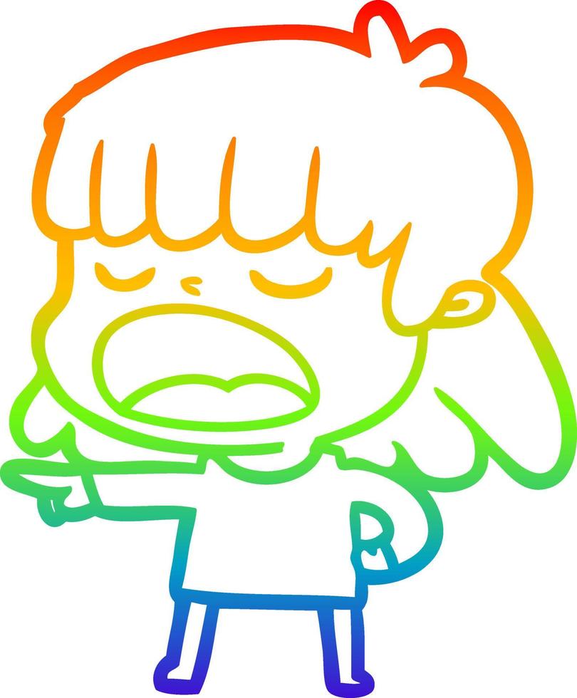 rainbow gradient line drawing cartoon woman talking loudly vector