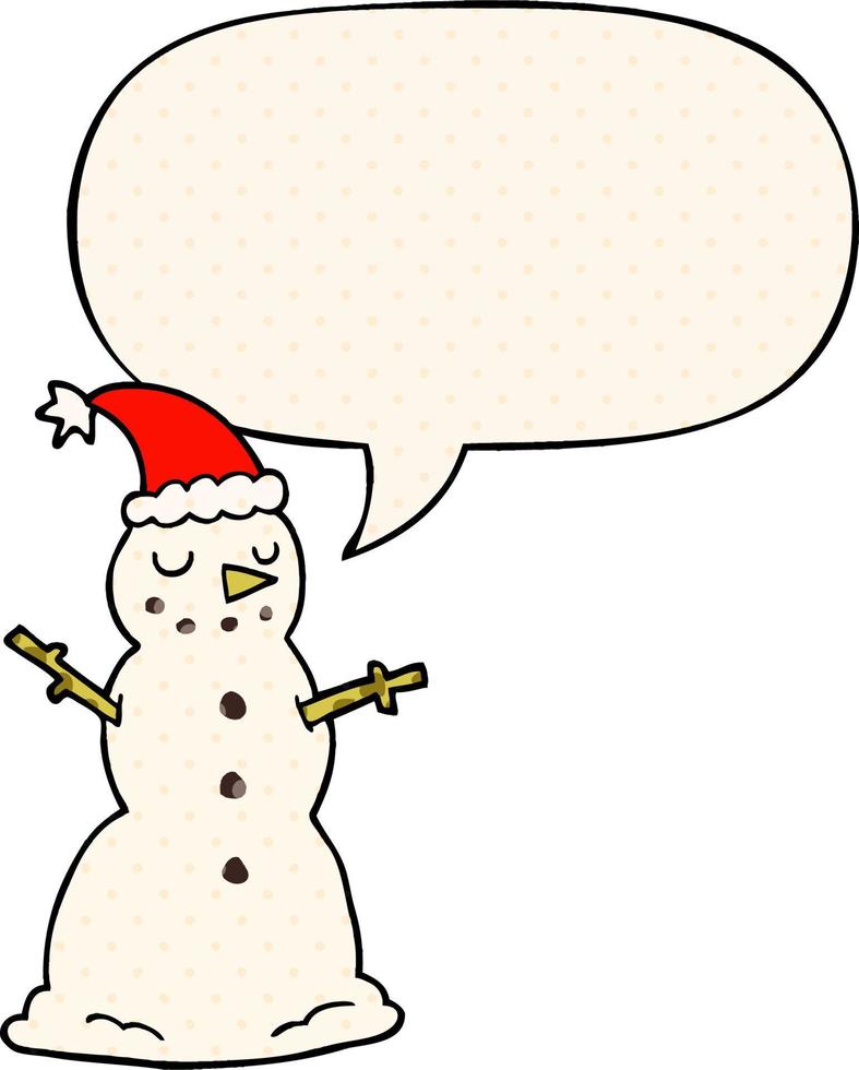 cartoon christmas snowman and speech bubble in comic book style vector