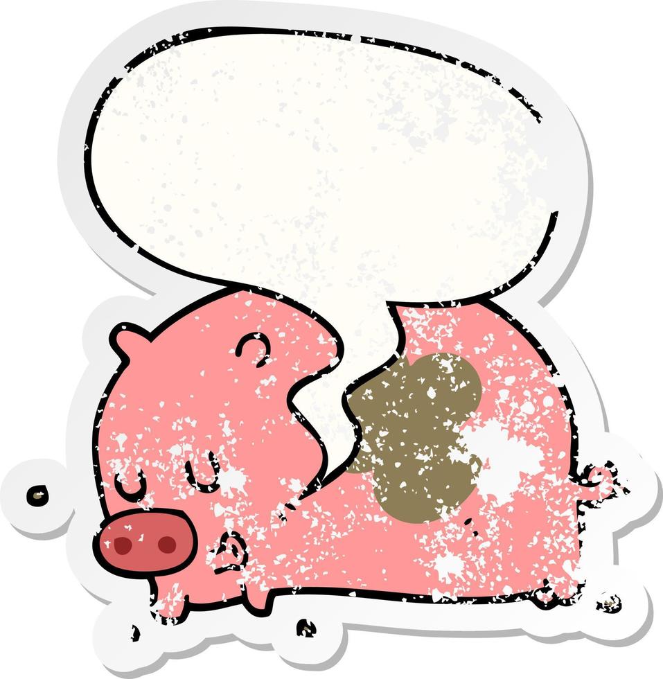 cute cartoon pig and speech bubble distressed sticker vector