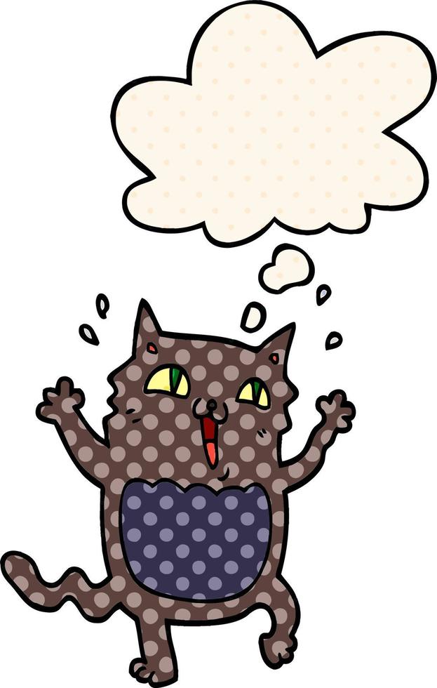 cartoon crazy excited cat and thought bubble in comic book style vector