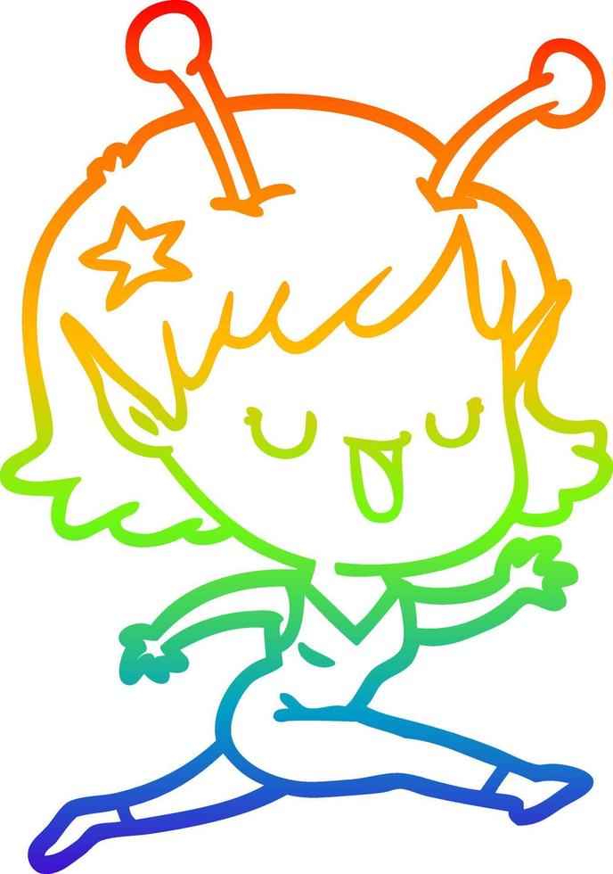 rainbow gradient line drawing happy alien girl cartoon laughing vector