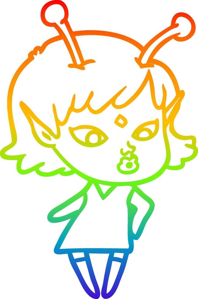 rainbow gradient line drawing pretty cartoon alien girl vector